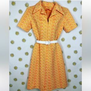 Vibrant Vintage 60s/70s Poly Zip Mini Dress Handmade Yellow Orange